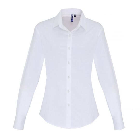 Premier Womens/Ladies Stretch Fit Poplin Long Sleeve Blouse / White - Picture 1 of 4
